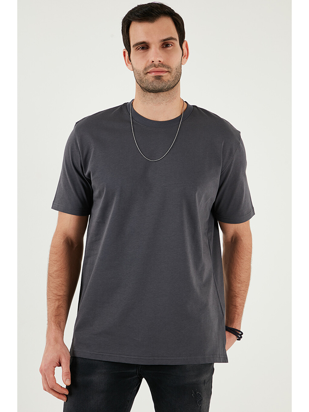 Antrasit Pamuklu Relaxed Fit Sıfır Yaka Erkek T Shirt 5905446-3