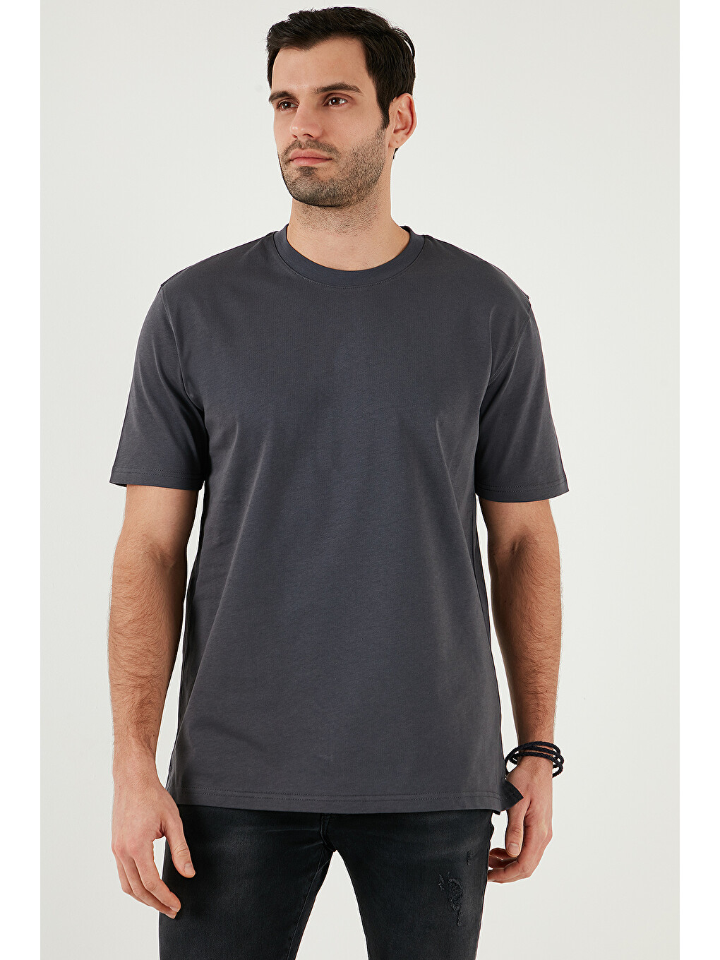 Antrasit Pamuklu Relaxed Fit Sıfır Yaka Erkek T Shirt 5905446-4