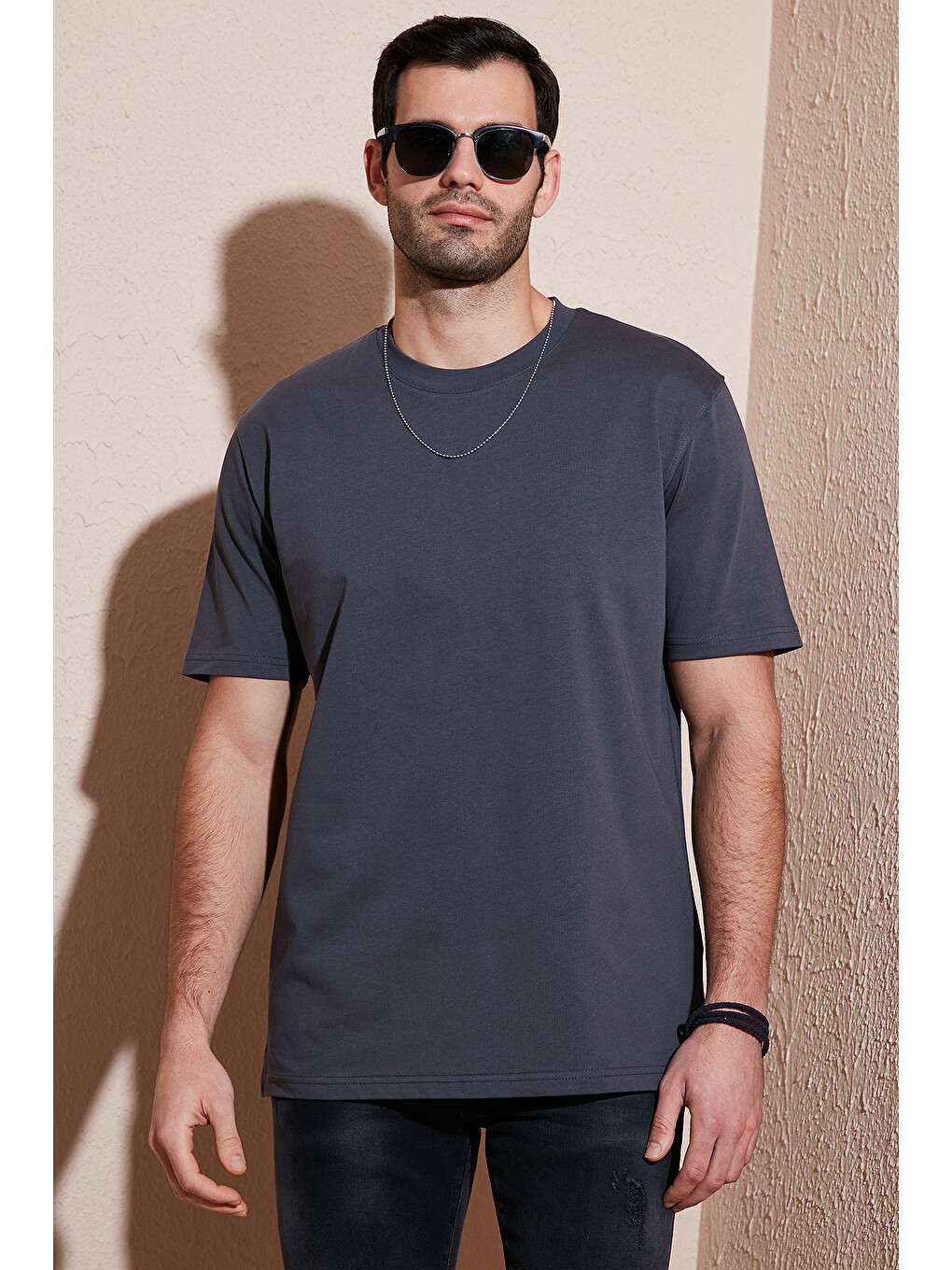 Antrasit Pamuklu Relaxed Fit Sıfır Yaka Erkek T Shirt 5905446-5