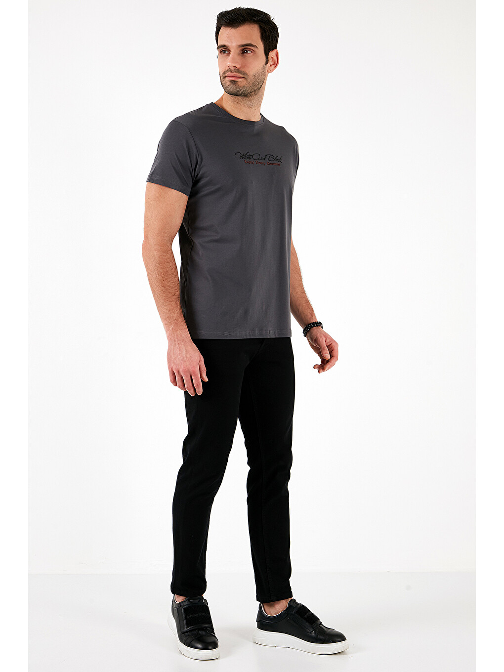 Gri Baskılı Bisiklet Yaka % 100 Pamuk Slim Fit Erkek T Shirt 541enjoy-1