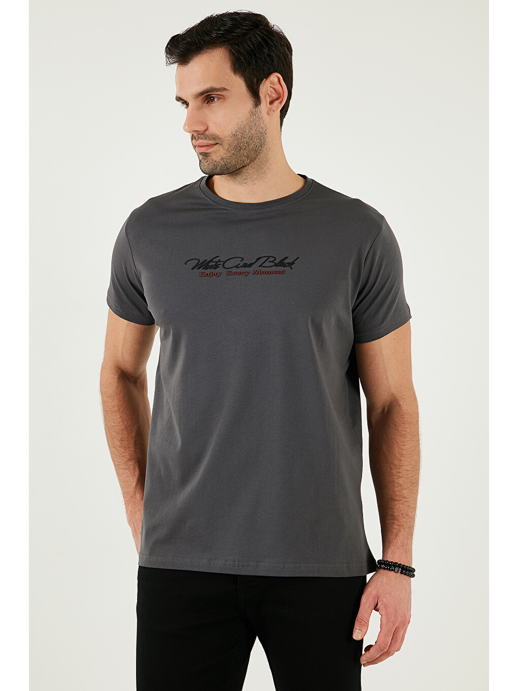 Gri Baskılı Bisiklet Yaka % 100 Pamuk Slim Fit Erkek T Shirt 541enjoy-2