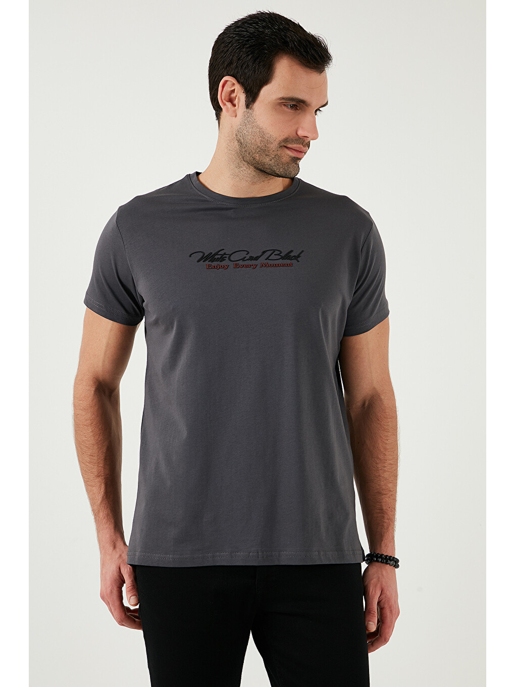 Gri Baskılı Bisiklet Yaka % 100 Pamuk Slim Fit Erkek T Shirt 541enjoy-3