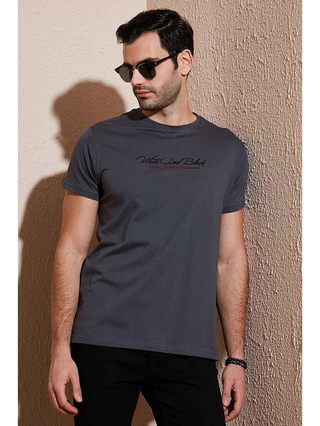 Gri Baskılı Bisiklet Yaka % 100 Pamuk Slim Fit Erkek T Shirt 541enjoy-4