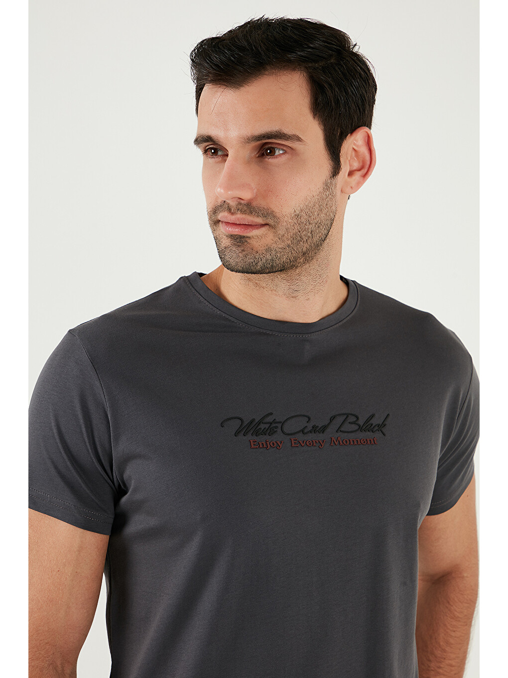 Gri Baskılı Bisiklet Yaka % 100 Pamuk Slim Fit Erkek T Shirt 541enjoy-5