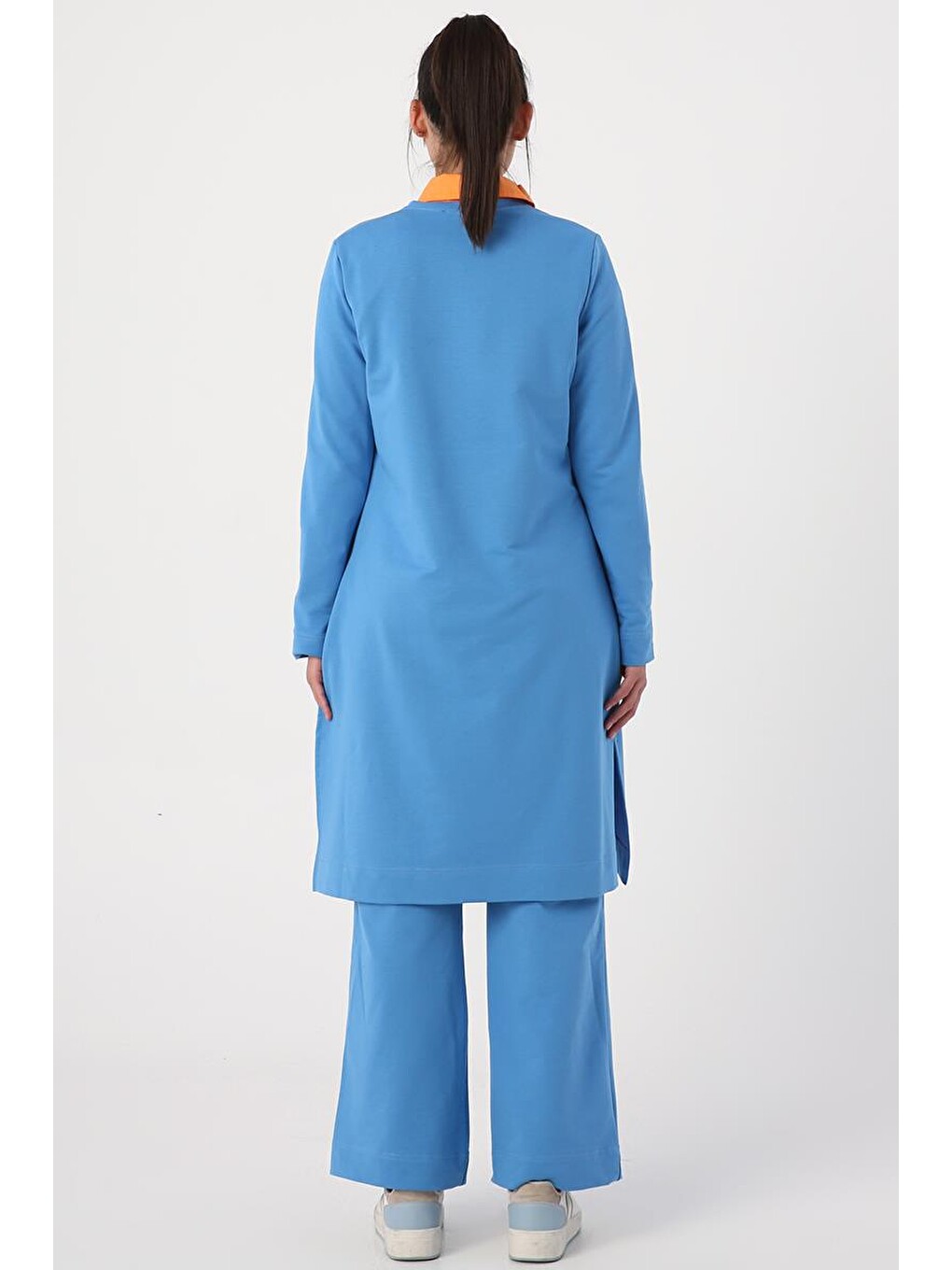 Mavi Saks-yanları Yırtmaçlı Pantolonlu Takım-3