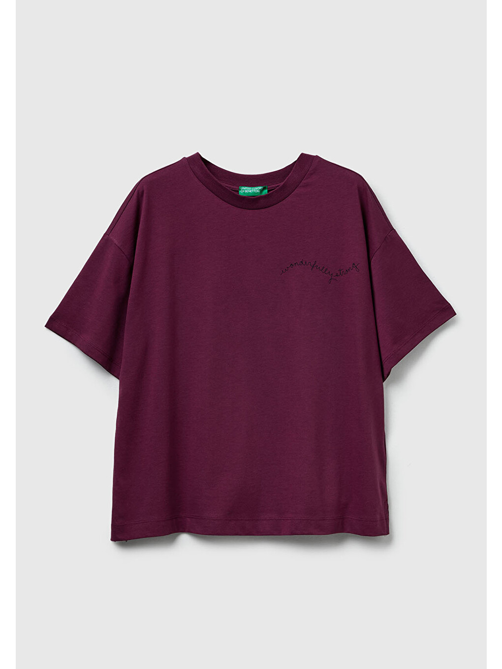 Kadın Mürdüm %100 Pamuk Göğsü Yazı Baskılı Bisiklet Yaka T-shirt
