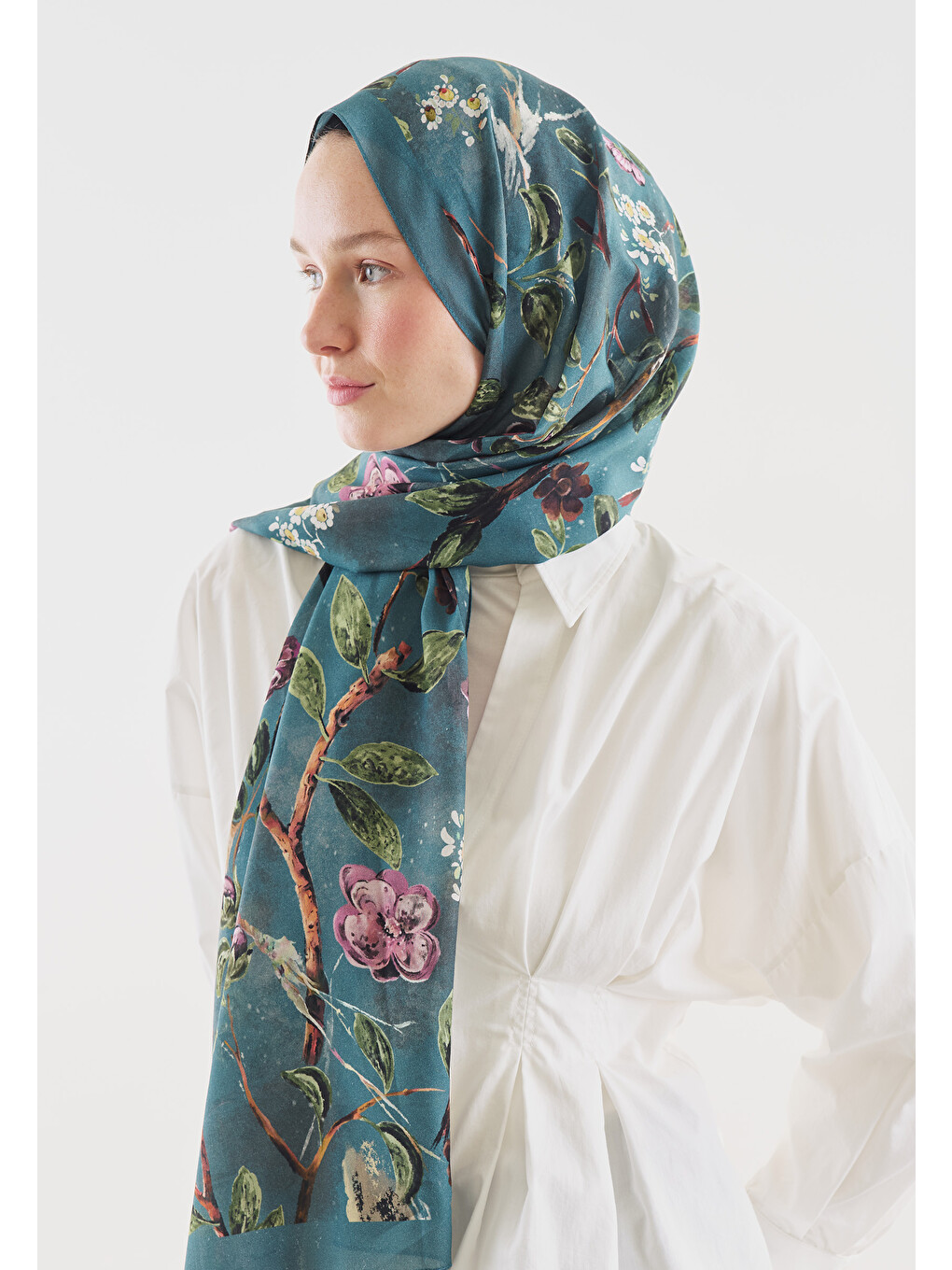 Mavi Flower Rain Desenli Pamuk Viskon Şal Okyanus-2