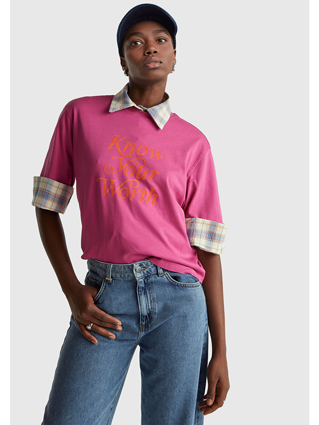 Kadın Koyu Pembe %100 Pamuk Önü Yazı Baskılı Bisiklet Yaka T-shirt