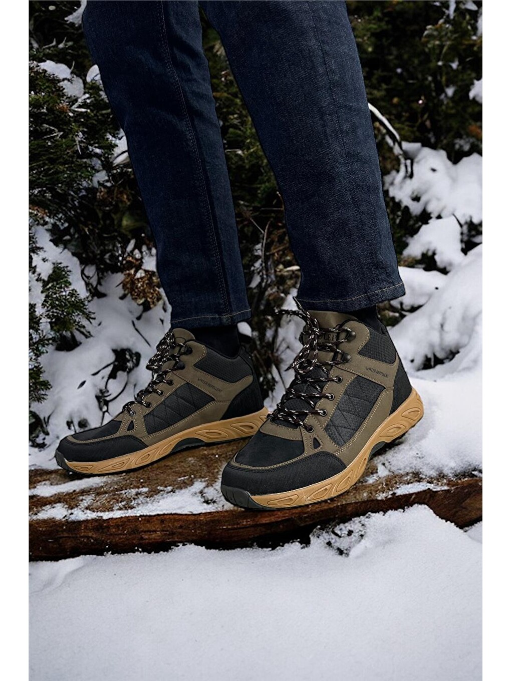 Outdoor Bot Ayakkabı Kışlık Dayanıklı Sağlam Taban Bağcıklı Siyah - Vizon-7