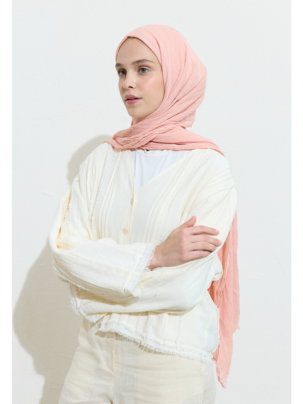 Pembe Pamuklu Keten Şal Salmon Benedıct-7