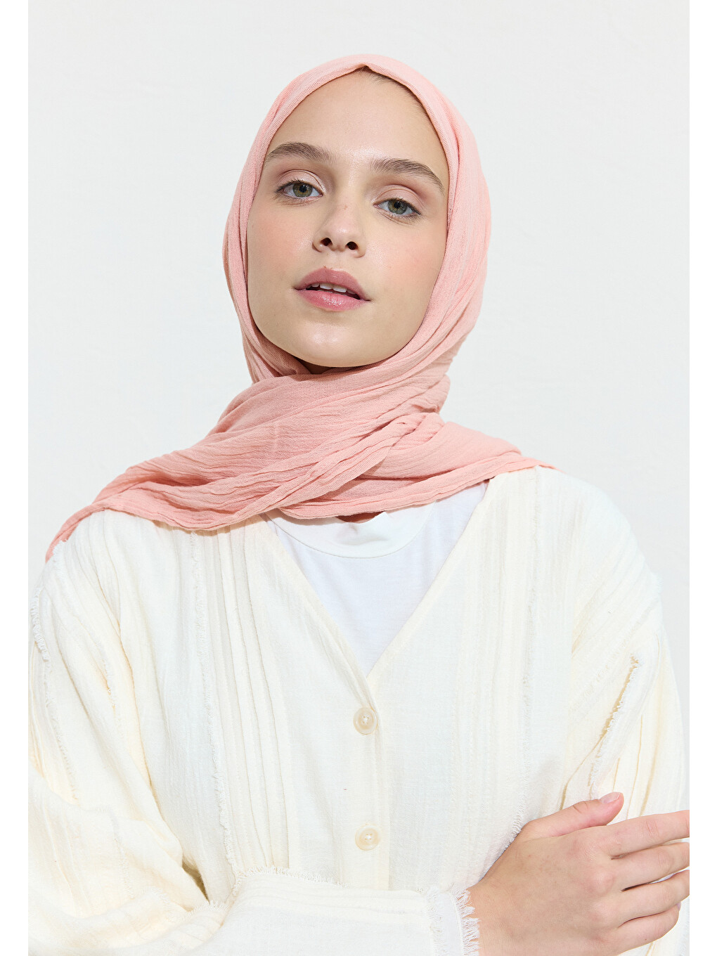 Pembe Pamuklu Keten Şal Salmon Benedıct-10