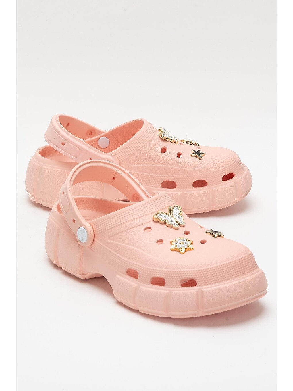 Pembe Yüksek Taban Taşlı Rahat Comfort Kadın Sandalet Pudra-3