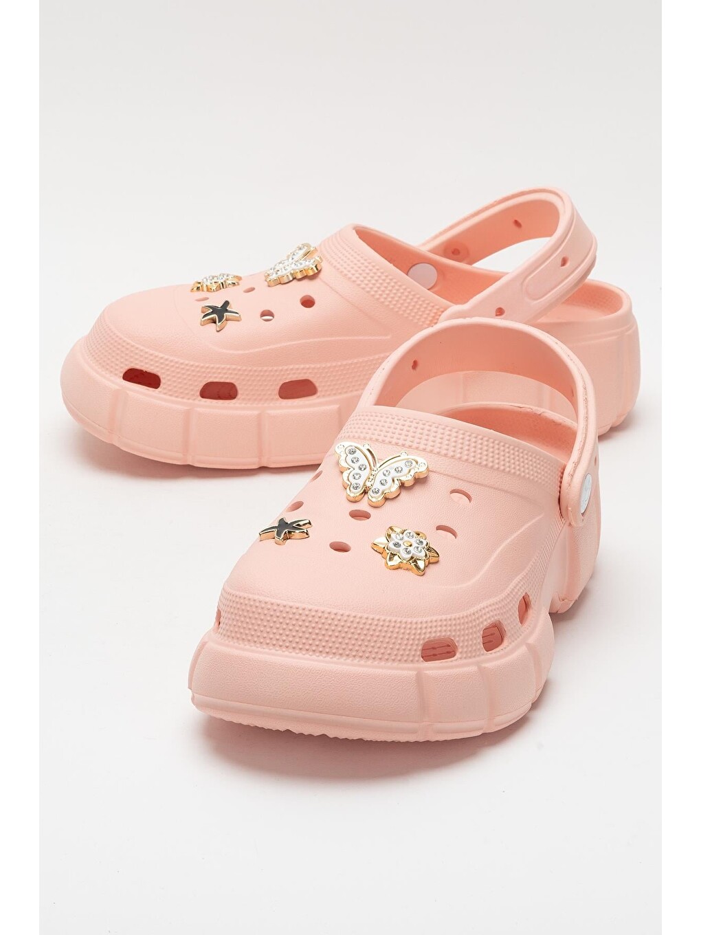 Pembe Yüksek Taban Taşlı Rahat Comfort Kadın Sandalet Pudra-7