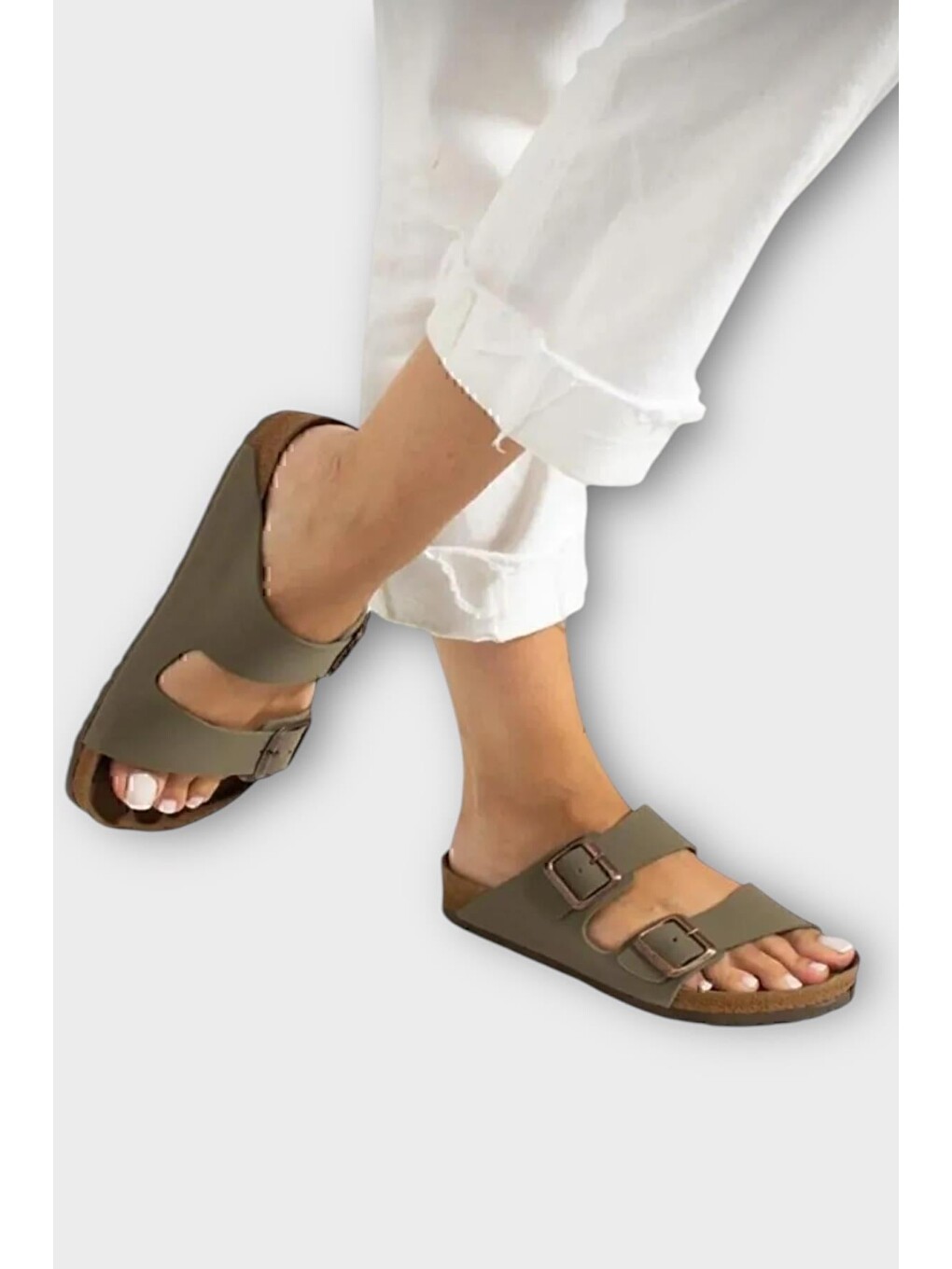 Unisex Çift Tokalı Ortopedik Terlik Haki-7