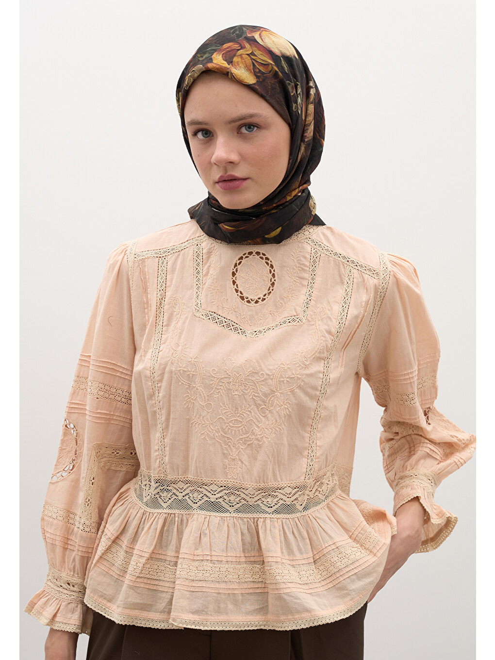 Kahverengi Rosıne Desen Pamuklu Viskon Eşarp Acı Kahve-1