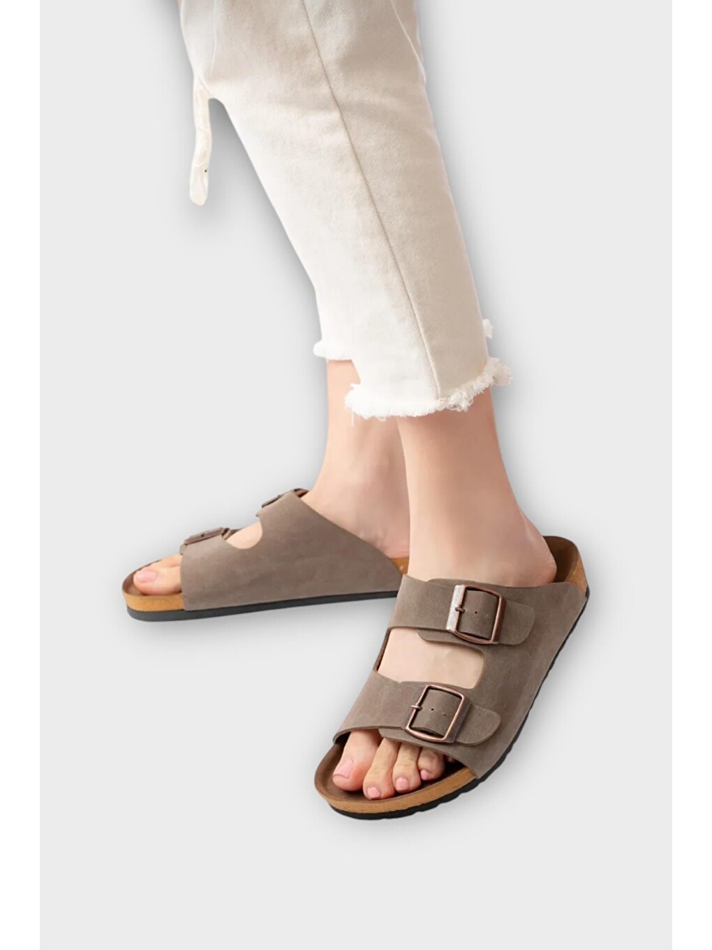 Bej Unisex Çift Tokalı Ortopedik Terlik Vizon-7