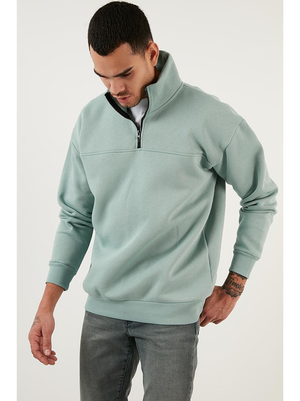 Yeşil Regular Fit Pamuklu İçi Tüylü Yumuşak Şardonlu Kışlık Sweat 59053431-5