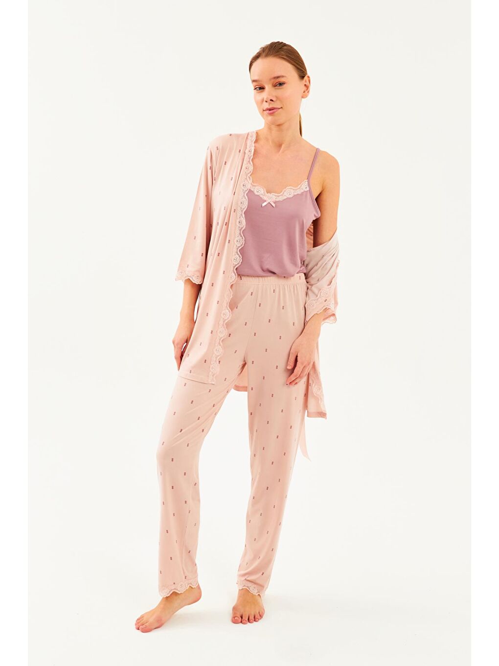 Pembe Kadın Pudra Çift Puanlı İp Askılı Truvakar Kol Uzun Alt 3Lü Pijama Takım-1