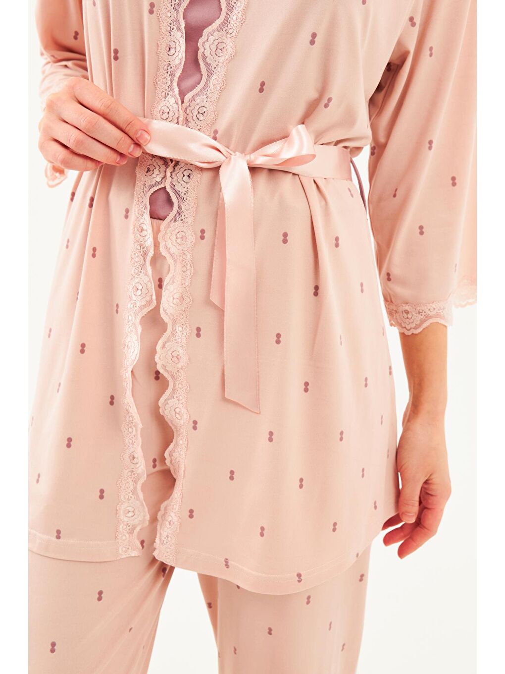 Pembe Kadın Pudra Çift Puanlı İp Askılı Truvakar Kol Uzun Alt 3Lü Pijama Takım-2