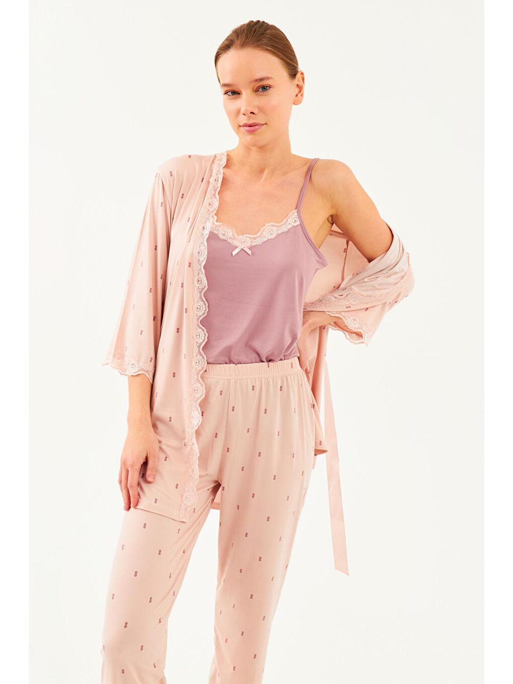 Pembe Kadın Pudra Çift Puanlı İp Askılı Truvakar Kol Uzun Alt 3Lü Pijama Takım-4