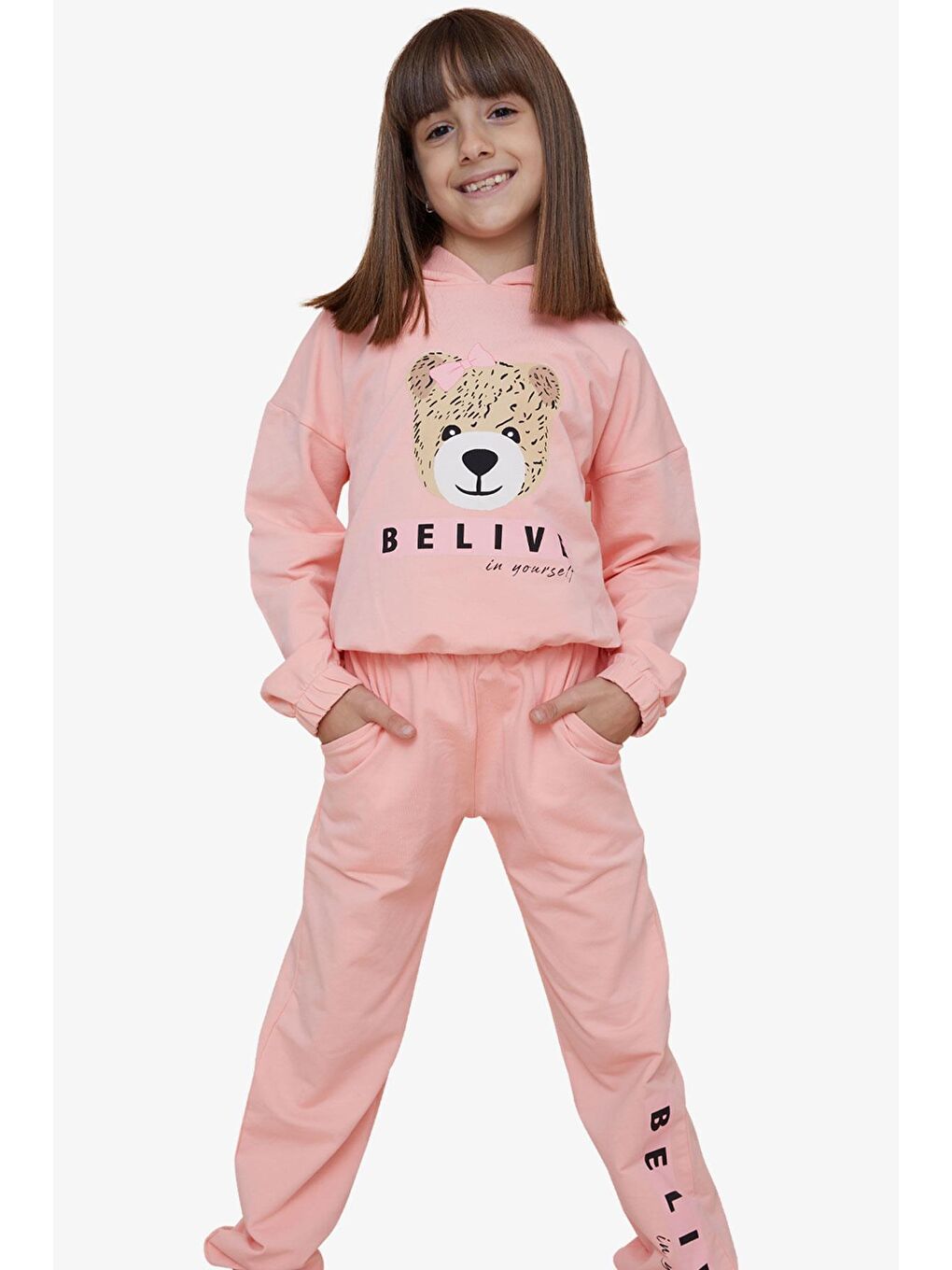 Pembe Kız Çocuk Eşofman Takımı Sevimli Ayıcık Baskılı Somon (5-10 Yaş)-5