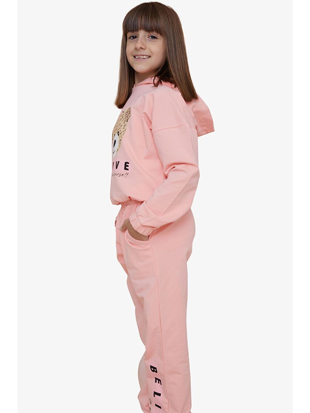 Pembe Kız Çocuk Eşofman Takımı Sevimli Ayıcık Baskılı Somon (5-10 Yaş)-6