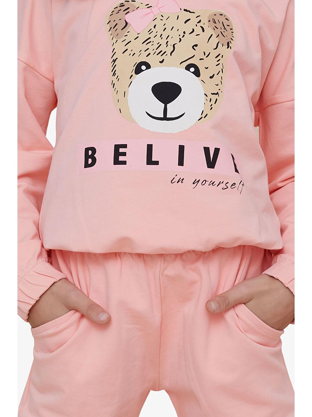 Pembe Kız Çocuk Eşofman Takımı Sevimli Ayıcık Baskılı Somon (5-10 Yaş)-8