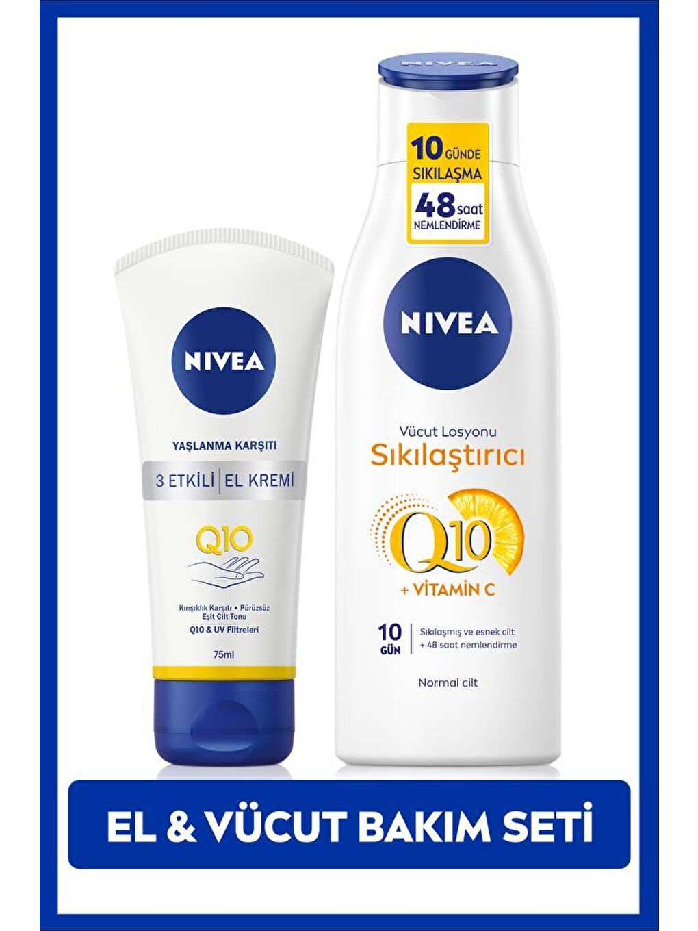 NIVEA Şeffaf Q10 Sıkılaştırıcı Vücut Losyonu 250 ml+Q10 El Kremi 75 ml, Oje Hediye