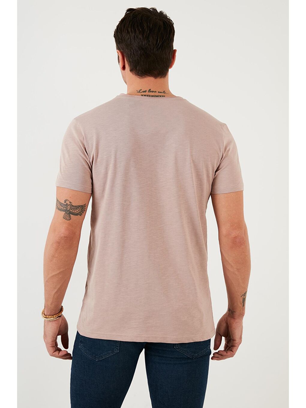 Bej % 100 Pamuklu Slim Fit Bisiklet Yaka Cepli Tişört 5902000-5