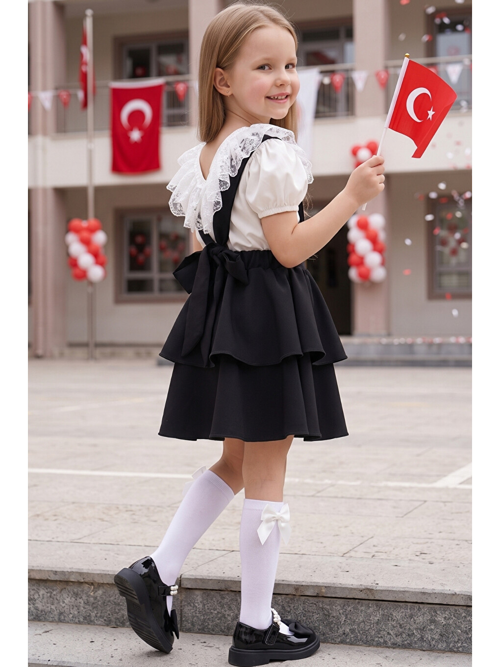 Kız Çocuk Helen Siyah Askılı Jile Elbise Ekru Dantel Kısa Kollu Bluz Abiye Takım Gösteri Kıyafeti-5
