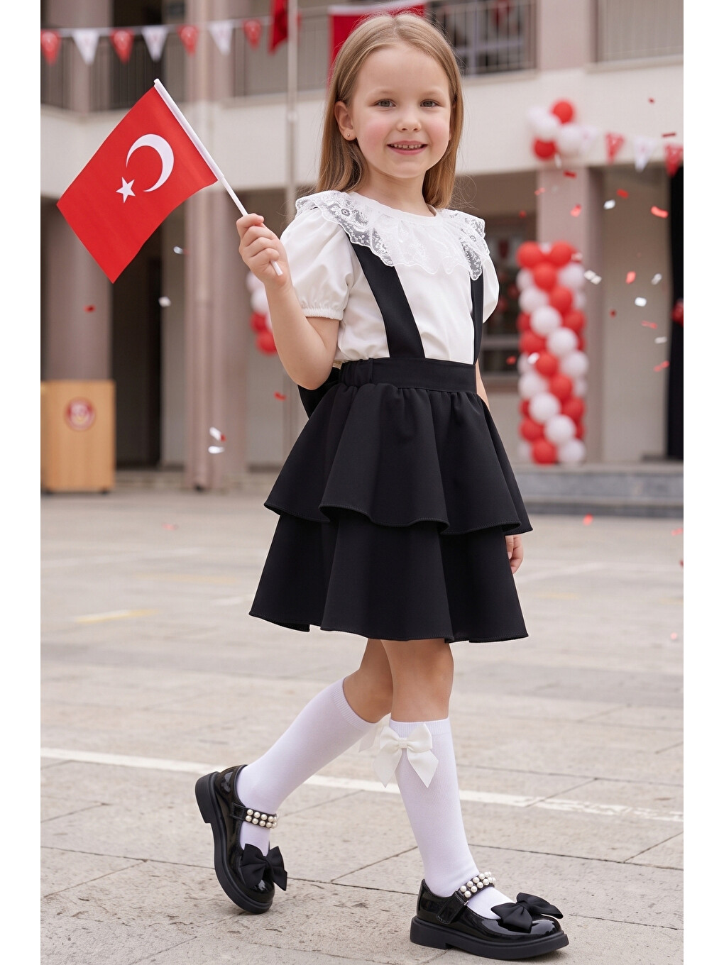 Kız Çocuk Helen Siyah Askılı Jile Elbise Ekru Dantel Kısa Kollu Bluz Abiye Takım Gösteri Kıyafeti-6