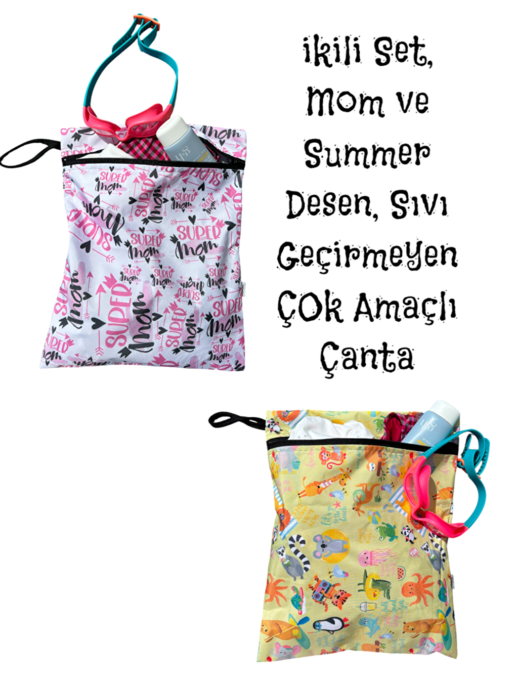 Karışık 2 Adet, 37x30 cm, Mom ve Summer Desen, Sıvı Geçirmeyen Çok Amaçlı Çanta, Ekonomik Set, Yıkanabilir-2