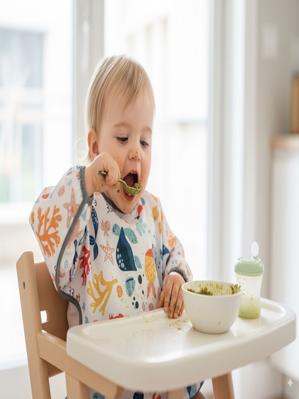 2-4 yaş, SEA, Sıvı Geçirmez, Makinede Yıkanabilir, Cepli, Oeko-tex 100, Uzun Kollu Bebek Mama Önlüğü-1