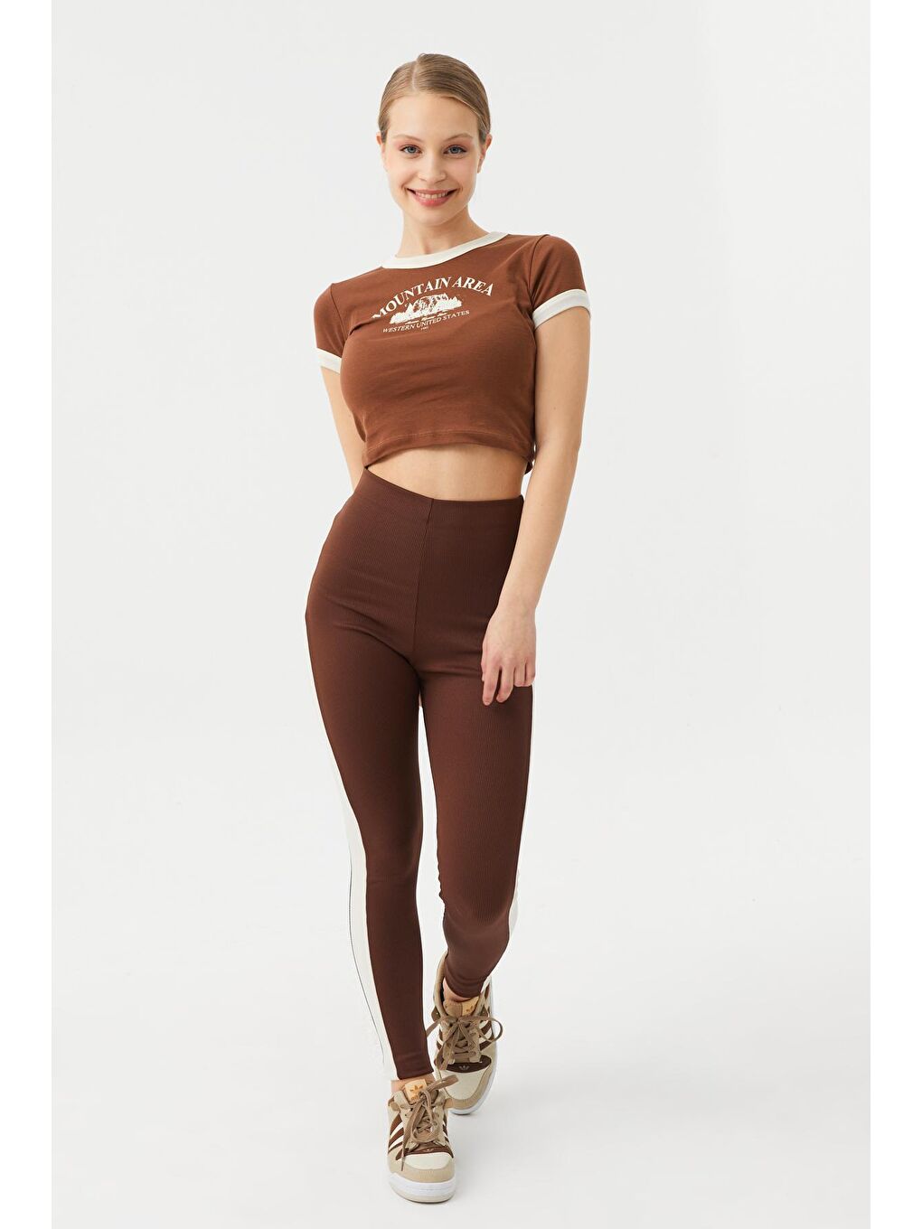 Kahverengi Kadın Kahve Yanı Şerit Detaylı Kaşkorse Tayt-2