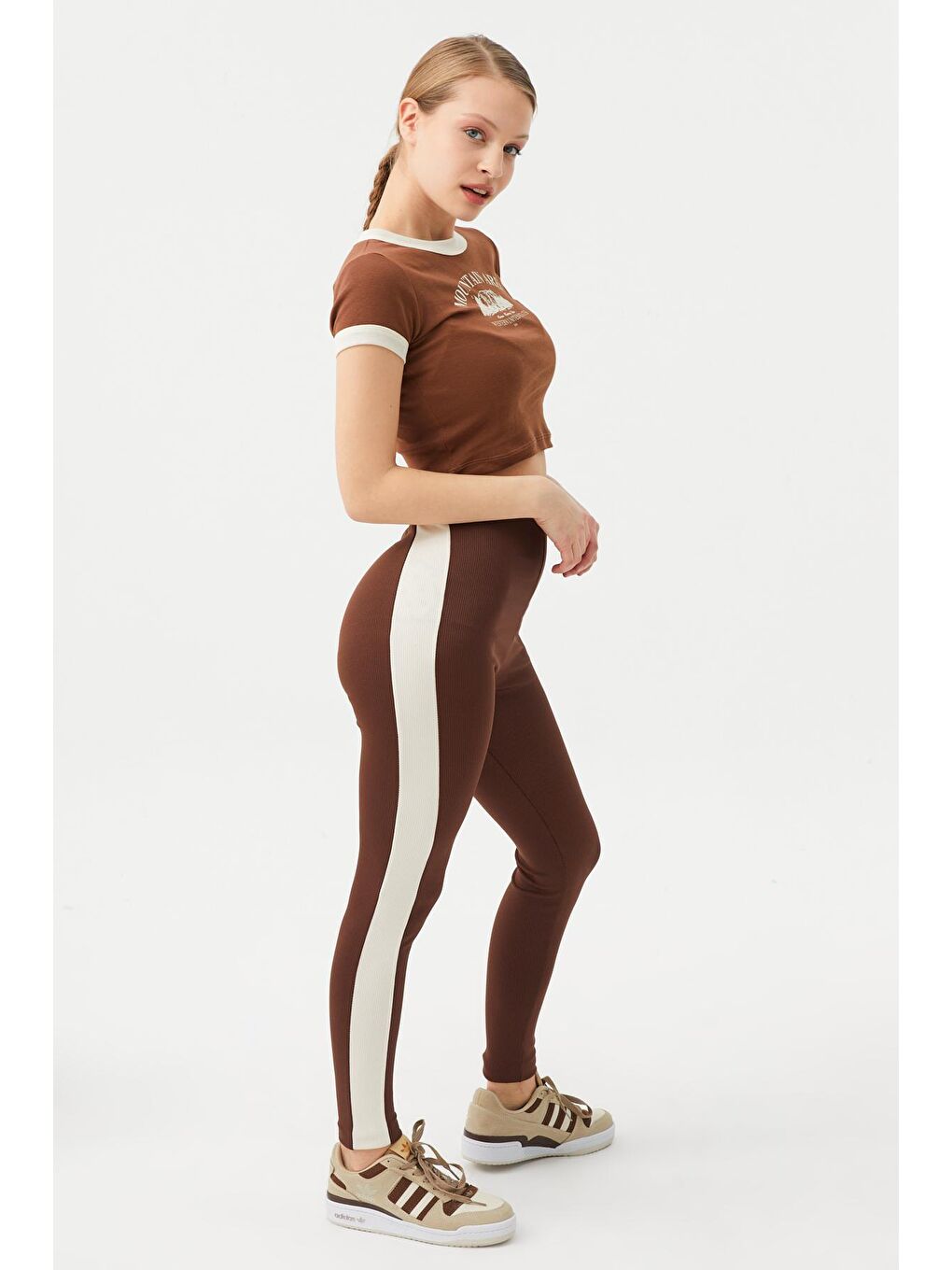 Kahverengi Kadın Kahve Yanı Şerit Detaylı Kaşkorse Tayt-4