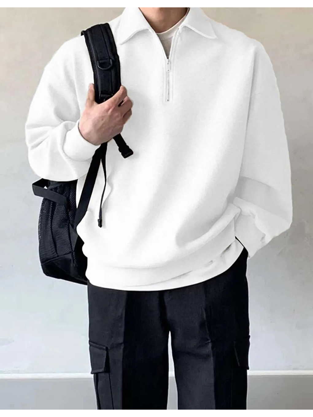 GENIUS STORE Taş Erkek Polo Yaka Oversize Sweatshirt Yarım Fermuar Sweatshirt