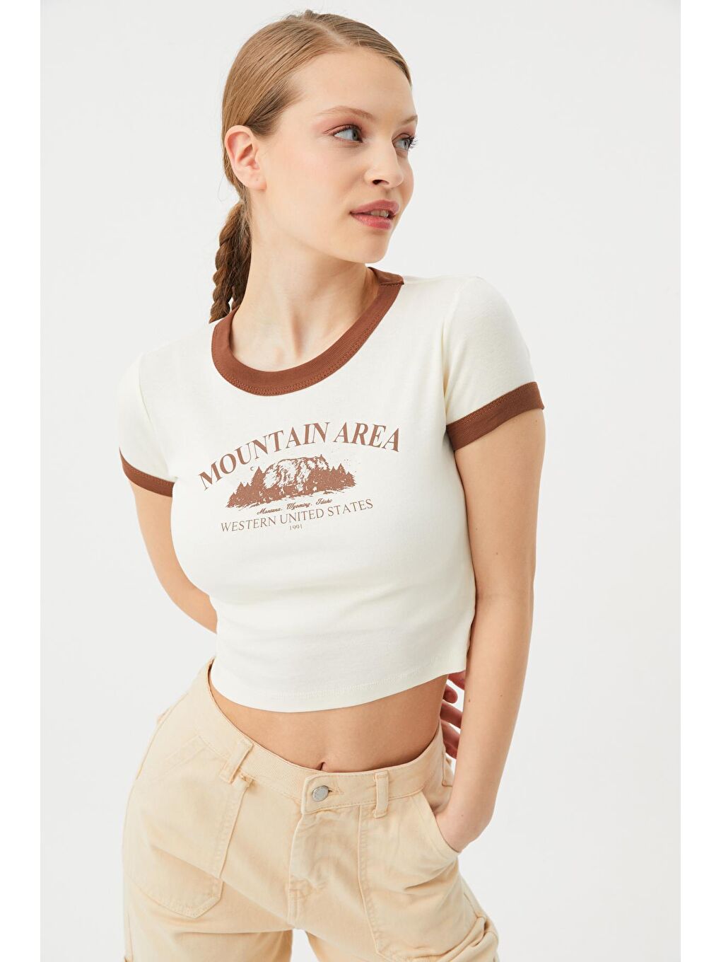 Kadın Ekru Mountain Baskı Kontrast Biyeli Crop Ribana Body