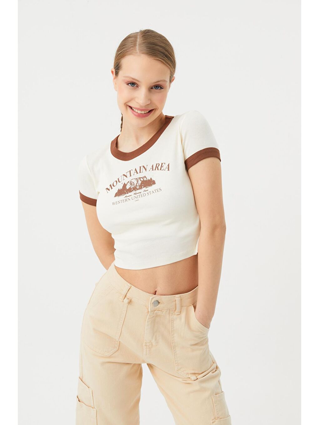 Kadın Ekru Mountain Baskı Kontrast Biyeli Crop Ribana Body-4