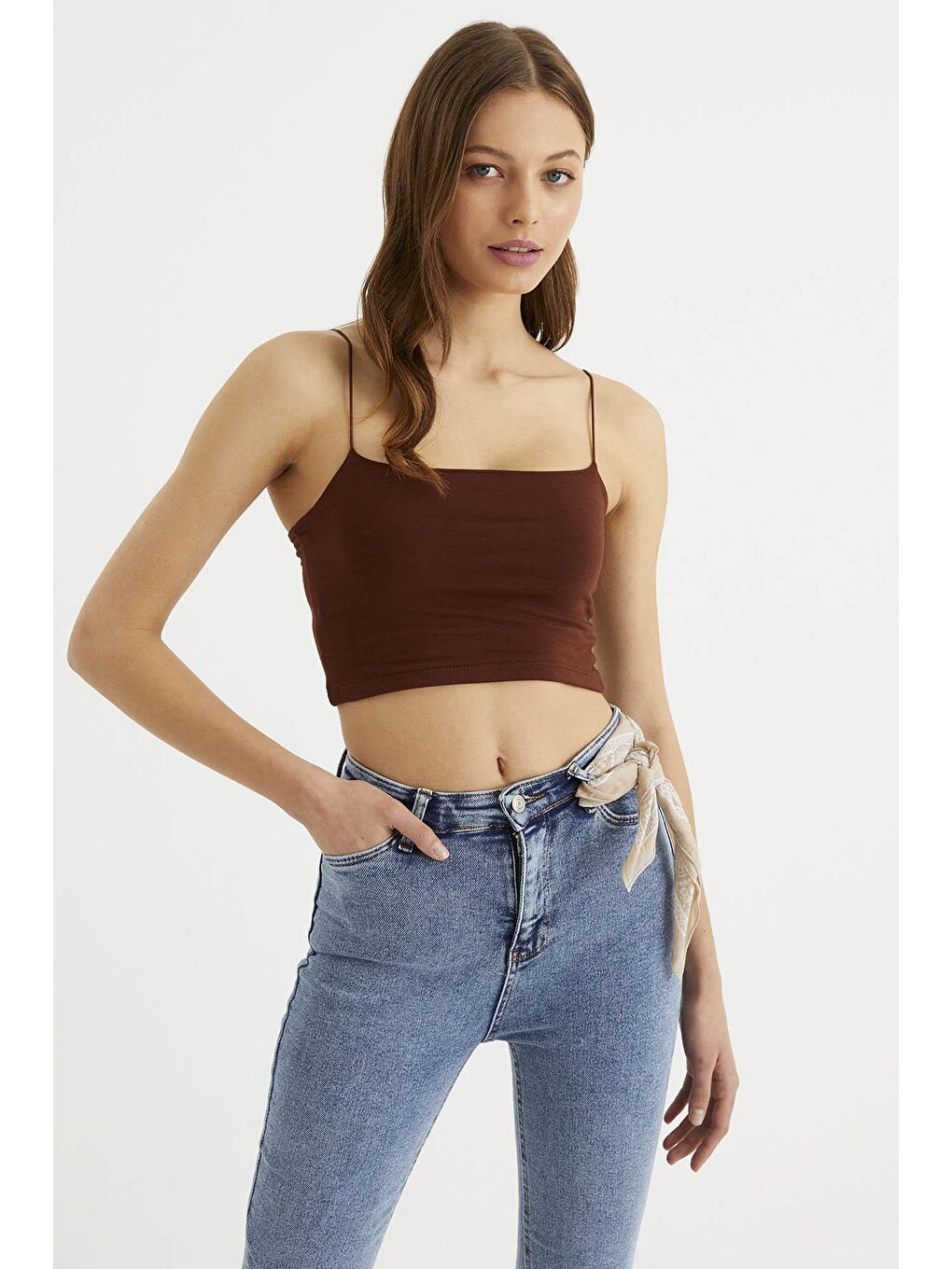 Kahverengi Kadın Kahve İp Askılı Penye Crop Atlet