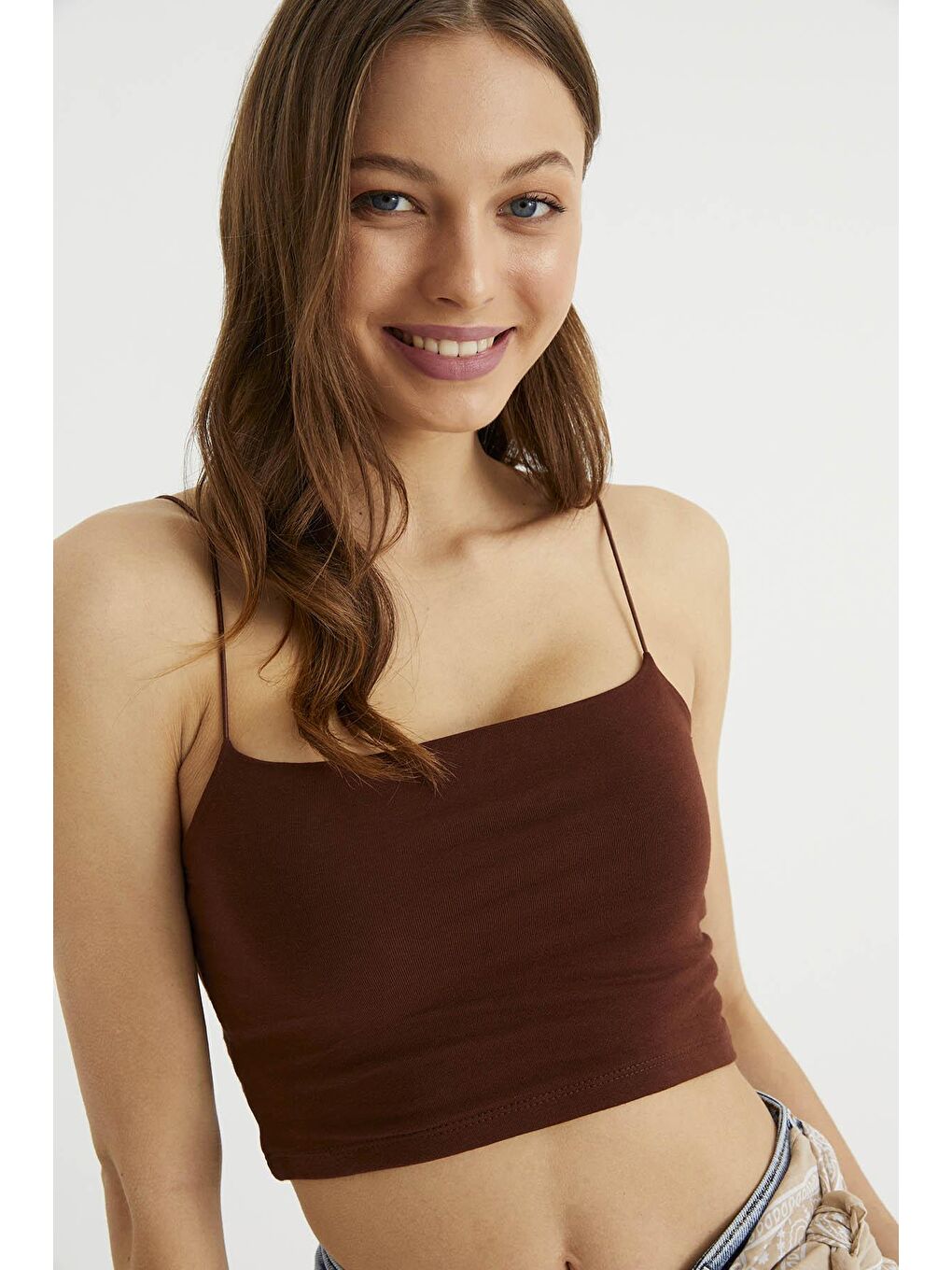 Kahverengi Kadın Kahve İp Askılı Penye Crop Atlet-1