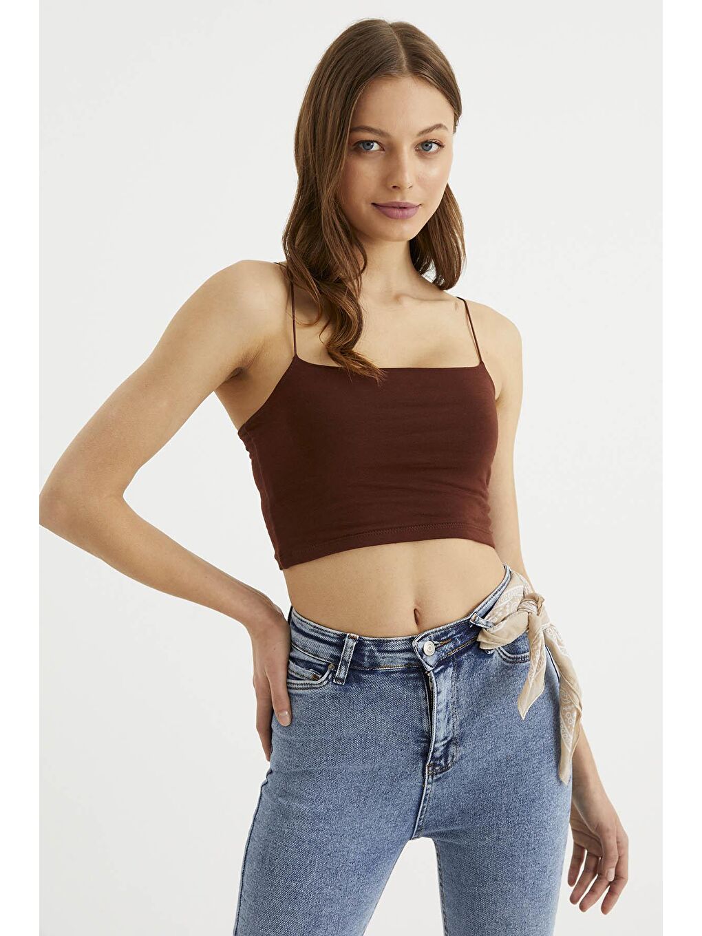 Kahverengi Kadın Kahve İp Askılı Penye Crop Atlet-2