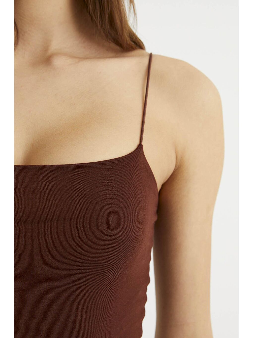 Kahverengi Kadın Kahve İp Askılı Penye Crop Atlet-3