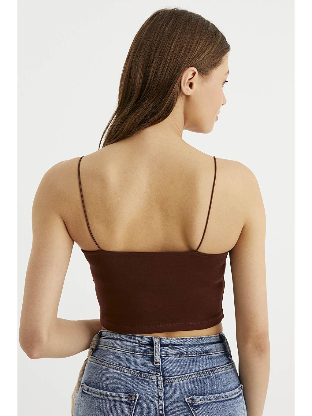 Kahverengi Kadın Kahve İp Askılı Penye Crop Atlet-4