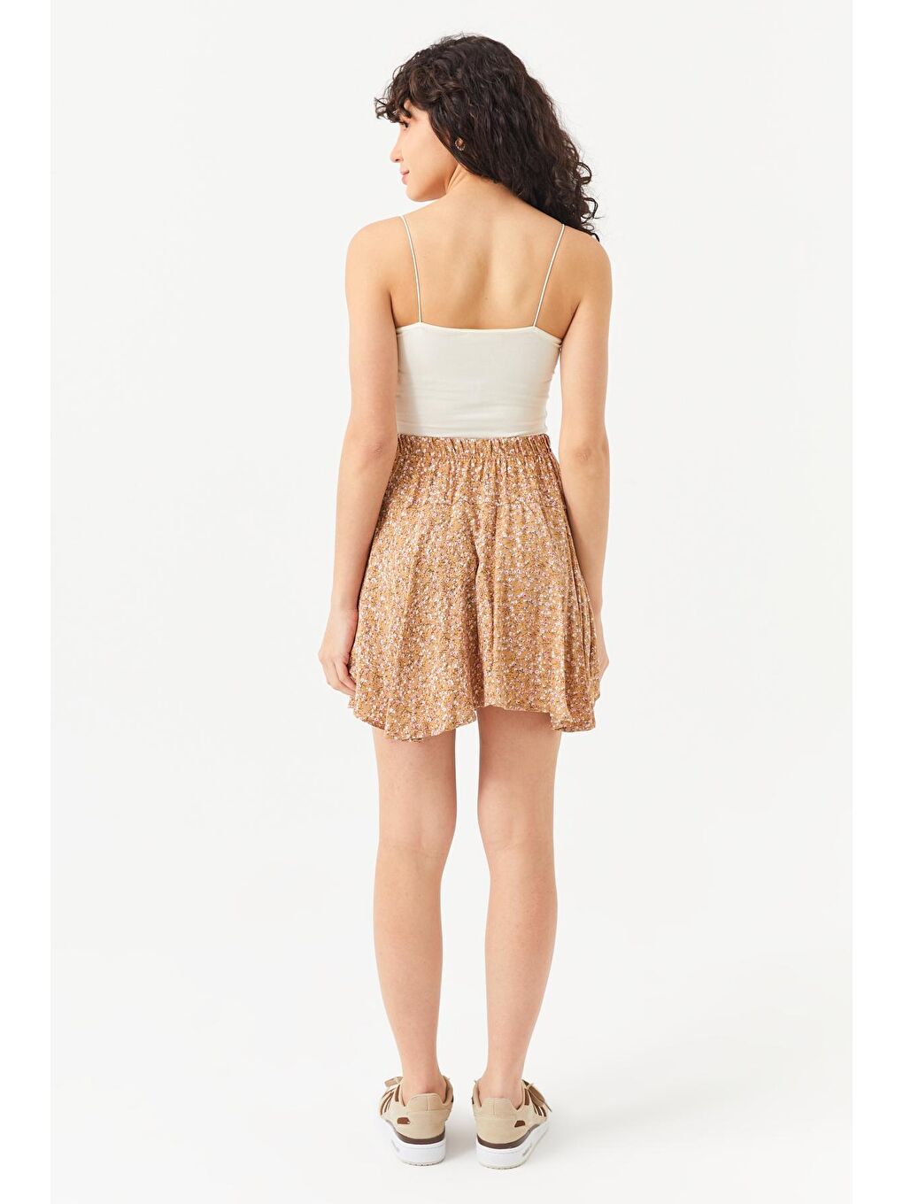 Kadın Bej Çıtır Çiçek Desen Viskon Şort Etek-3