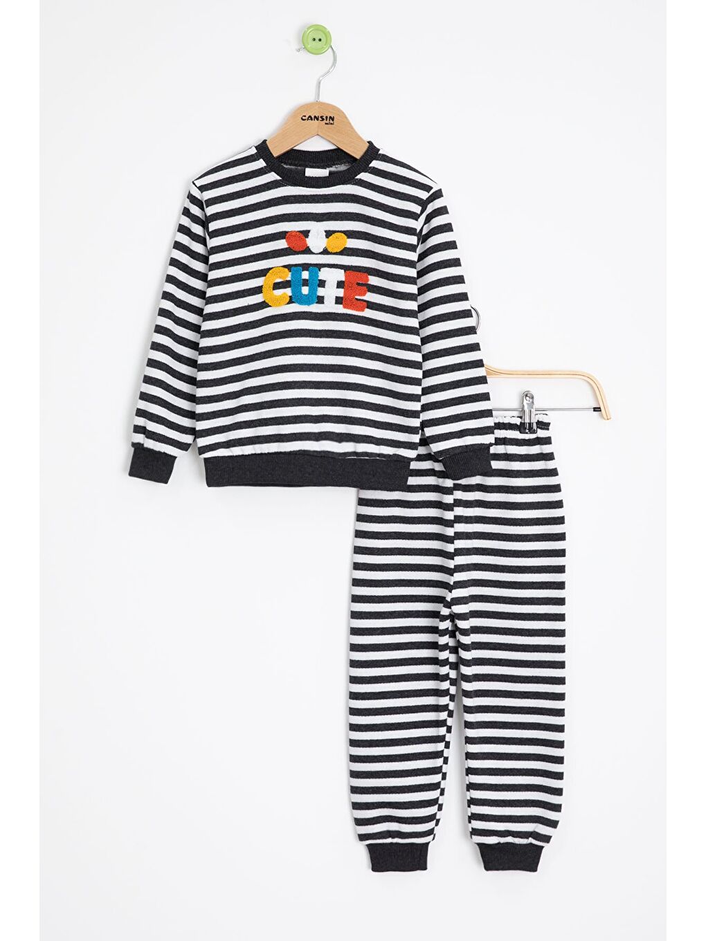 Gri Füme Erkek Çocuk Cute Nakışlı Çizgili Şardonlu Eşofman Takımı 23312