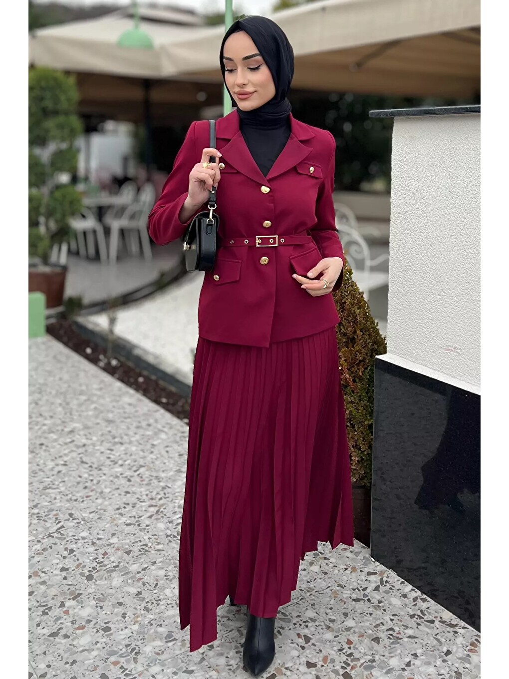 Bordo Kadın Kemer Aksesuarlı Blazer Ceket Etek Tesettür İkili Takım