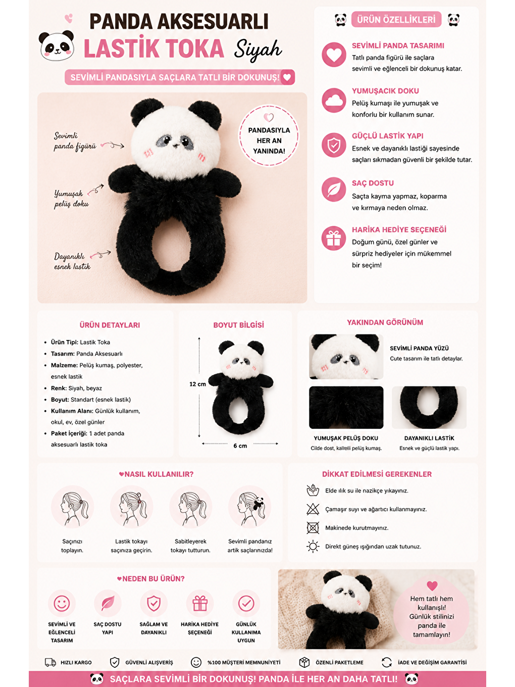 Panda Aksesuarlı Lastik Toka Siyah-1