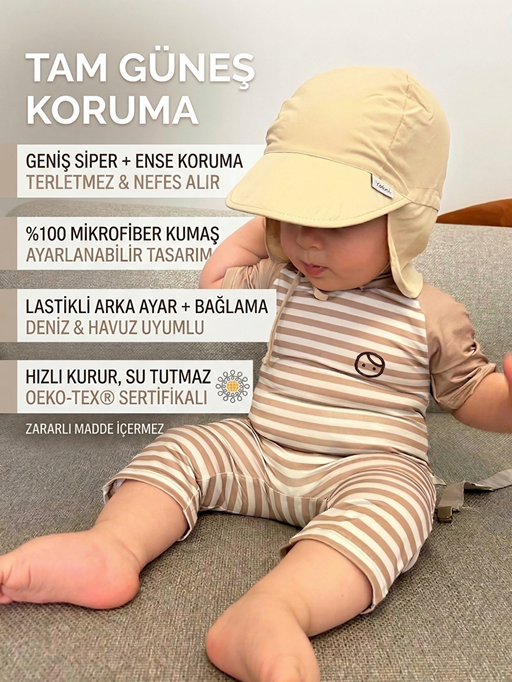Bej Flap, Ense Korumalı, Boyundan Bağlamalı, Arkadan Ayarlı, Çocuk Bebek Güneş Şapka