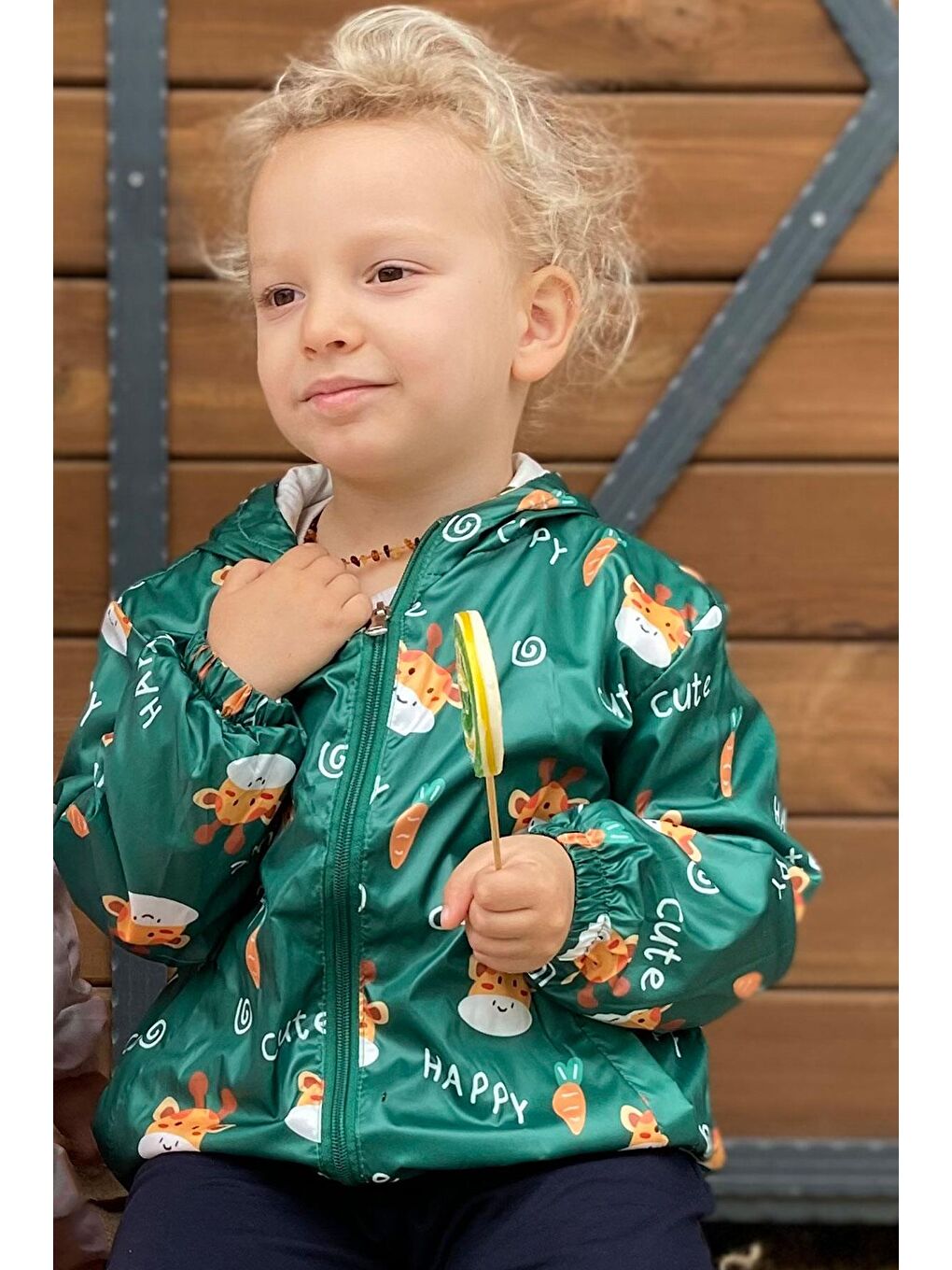 Erkek Çocuk Yağmurluk Sevimli Zürafa Desenli Yeşil (1-6 Yaş)-5