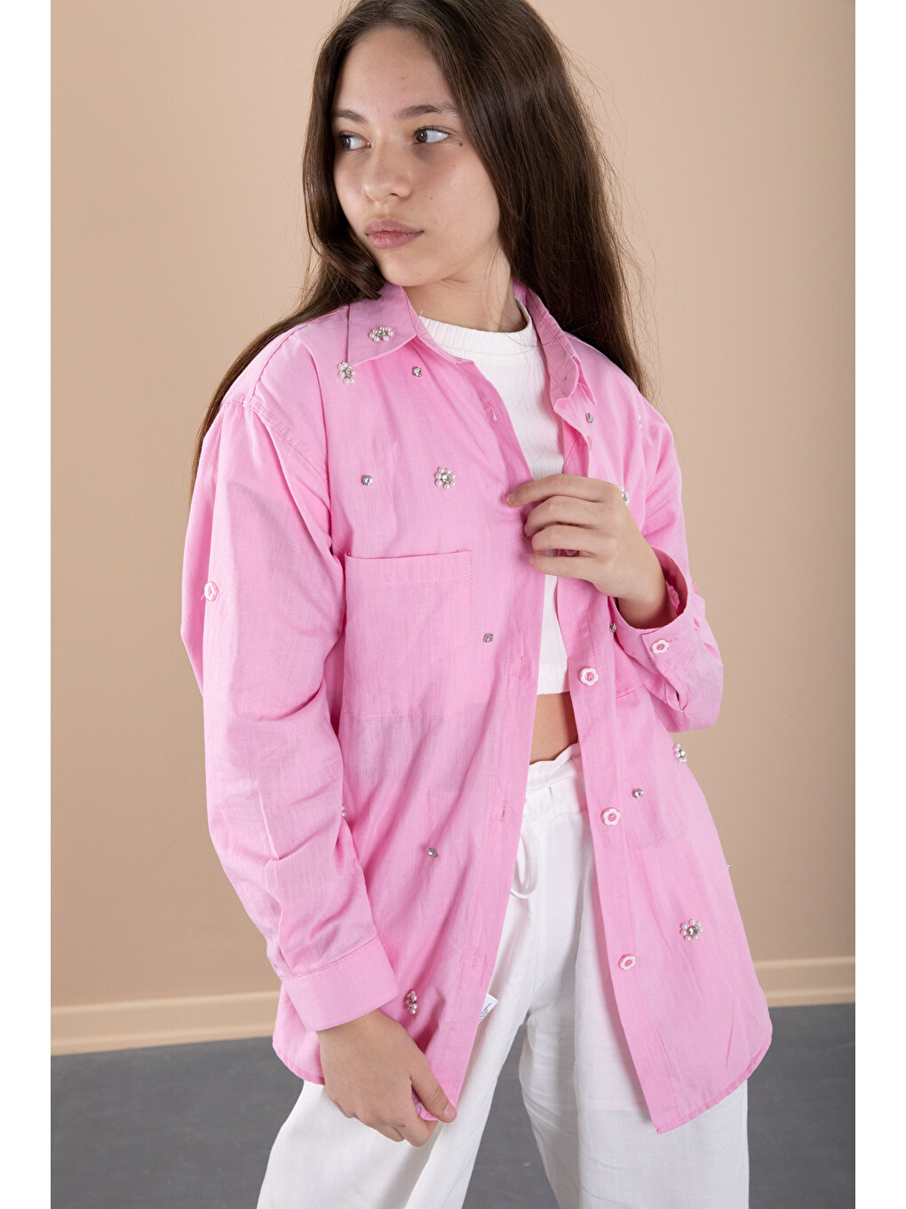 Pembe Kız Çocuk Croplu Taşlı Gömlek Ve Pantolonlu 3'lü Takım 20470-9